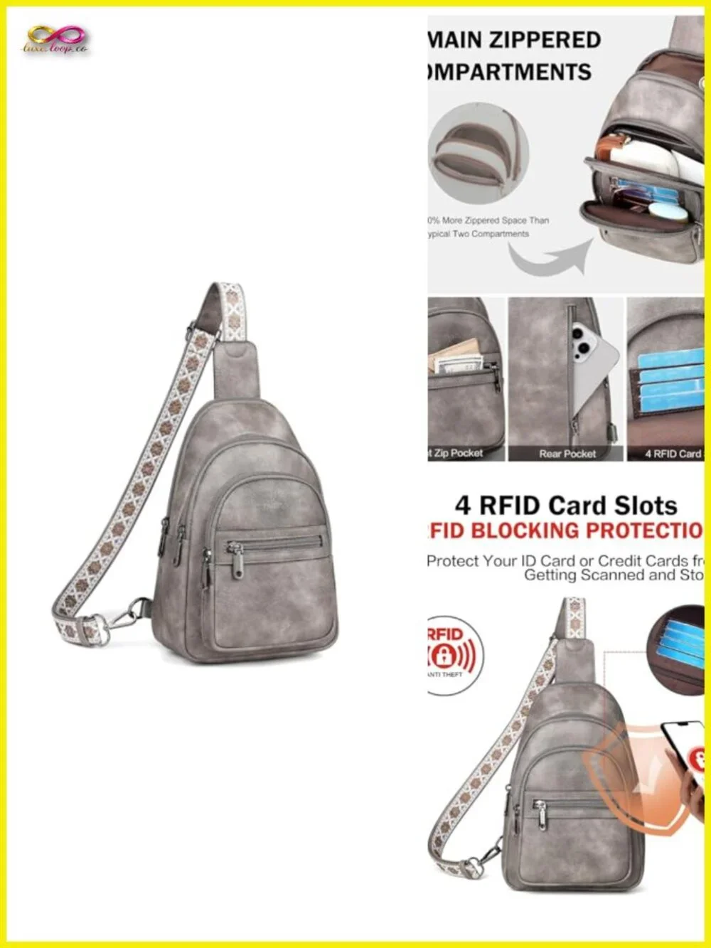 Small Crossbody Sling Bag Faux Leather RFID Tri-Zip Backpack Travel